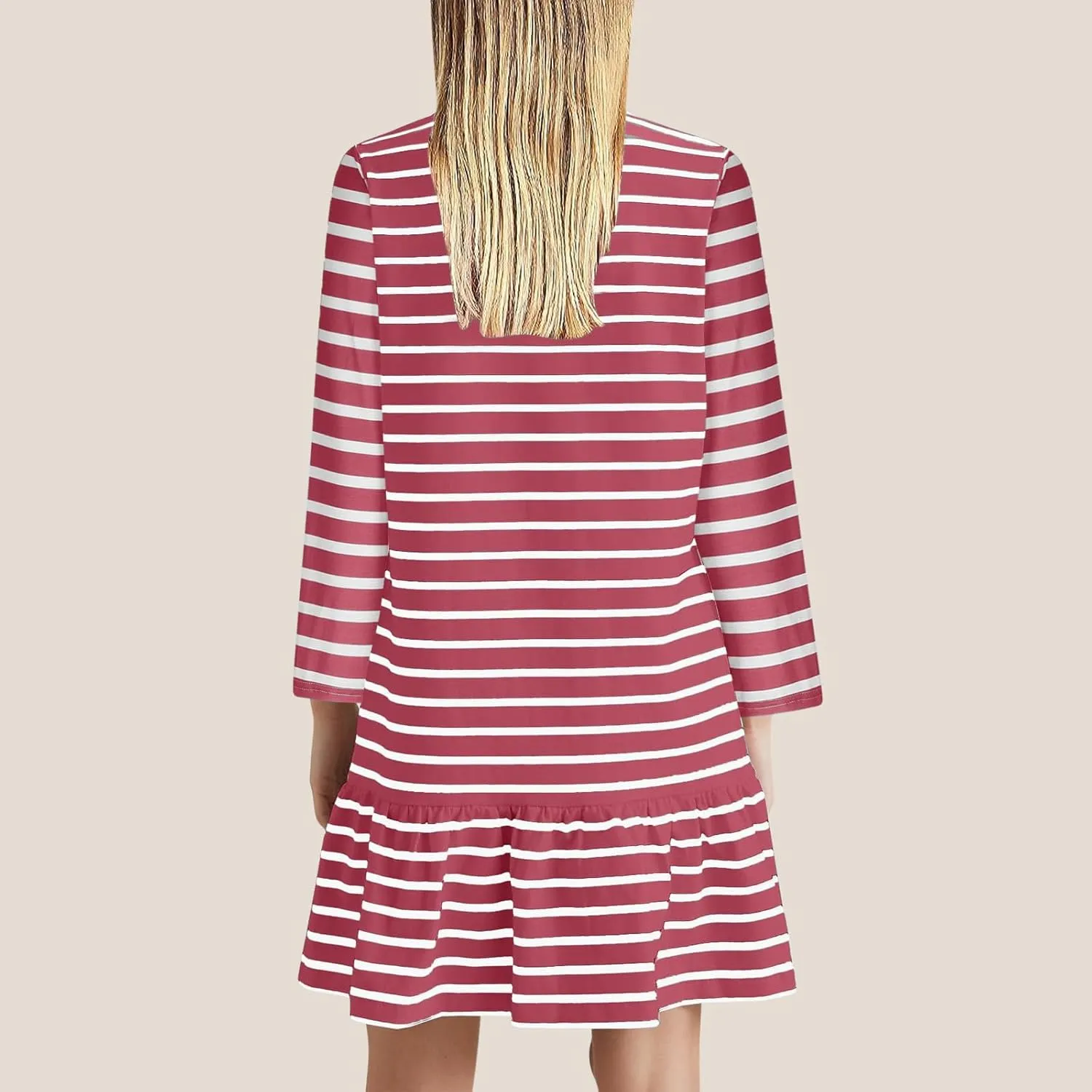 Womens Casual Fall Dresses Striped Print Ruffle Hem Short Dresses Loose Fitting Round Neck Mini Dresses with Pockets