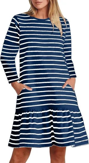 Womens Casual Fall Dresses Striped Print Ruffle Hem Short Dresses Loose Fitting Round Neck Mini Dresses with Pockets