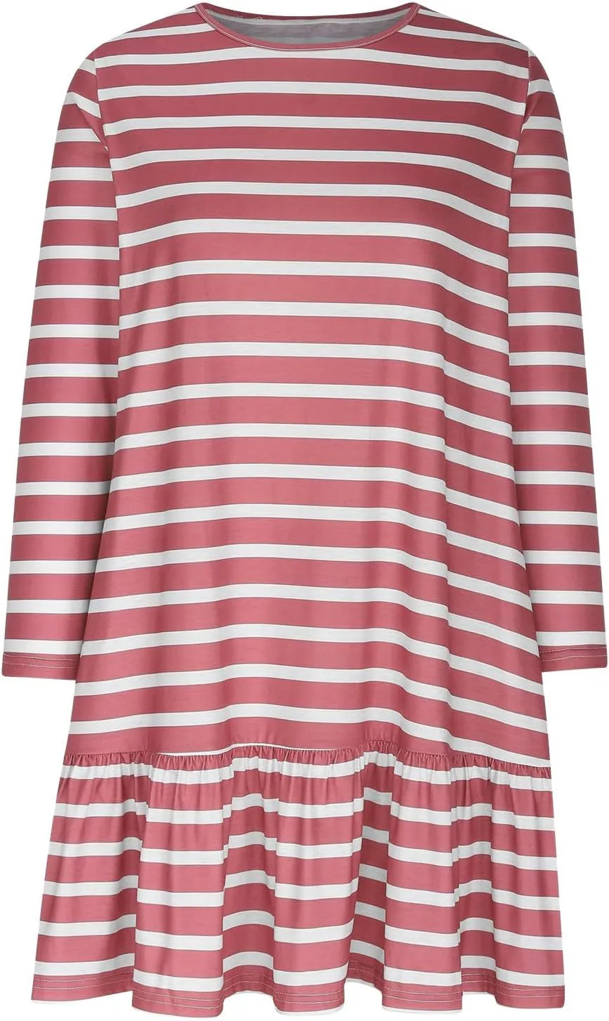 Womens Casual Fall Dresses Striped Print Ruffle Hem Short Dresses Loose Fitting Round Neck Mini Dresses with Pockets