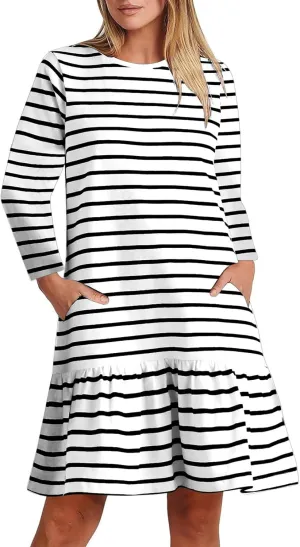 Womens Casual Fall Dresses Striped Print Ruffle Hem Short Dresses Loose Fitting Round Neck Mini Dresses with Pockets