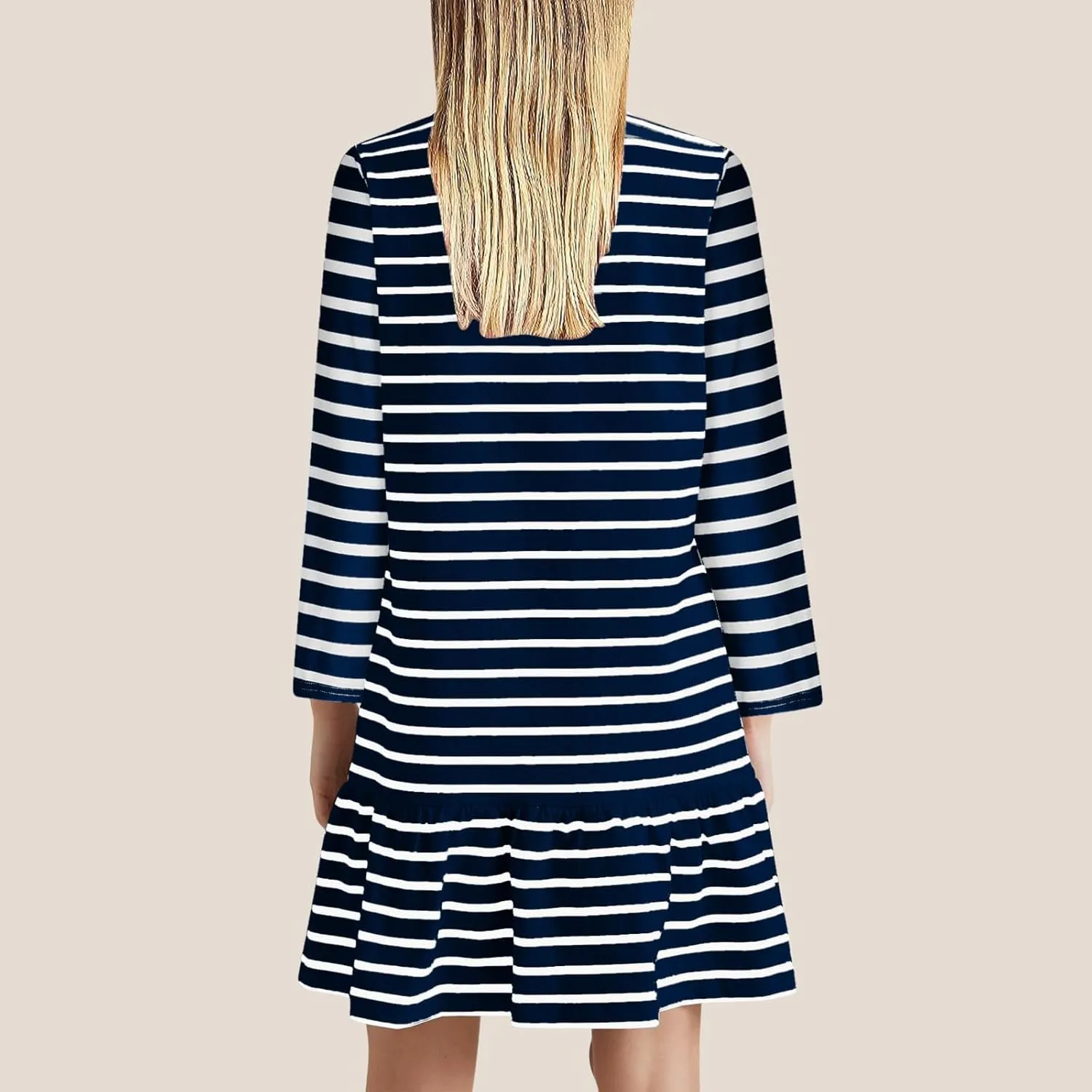 Womens Casual Fall Dresses Striped Print Ruffle Hem Short Dresses Loose Fitting Round Neck Mini Dresses with Pockets