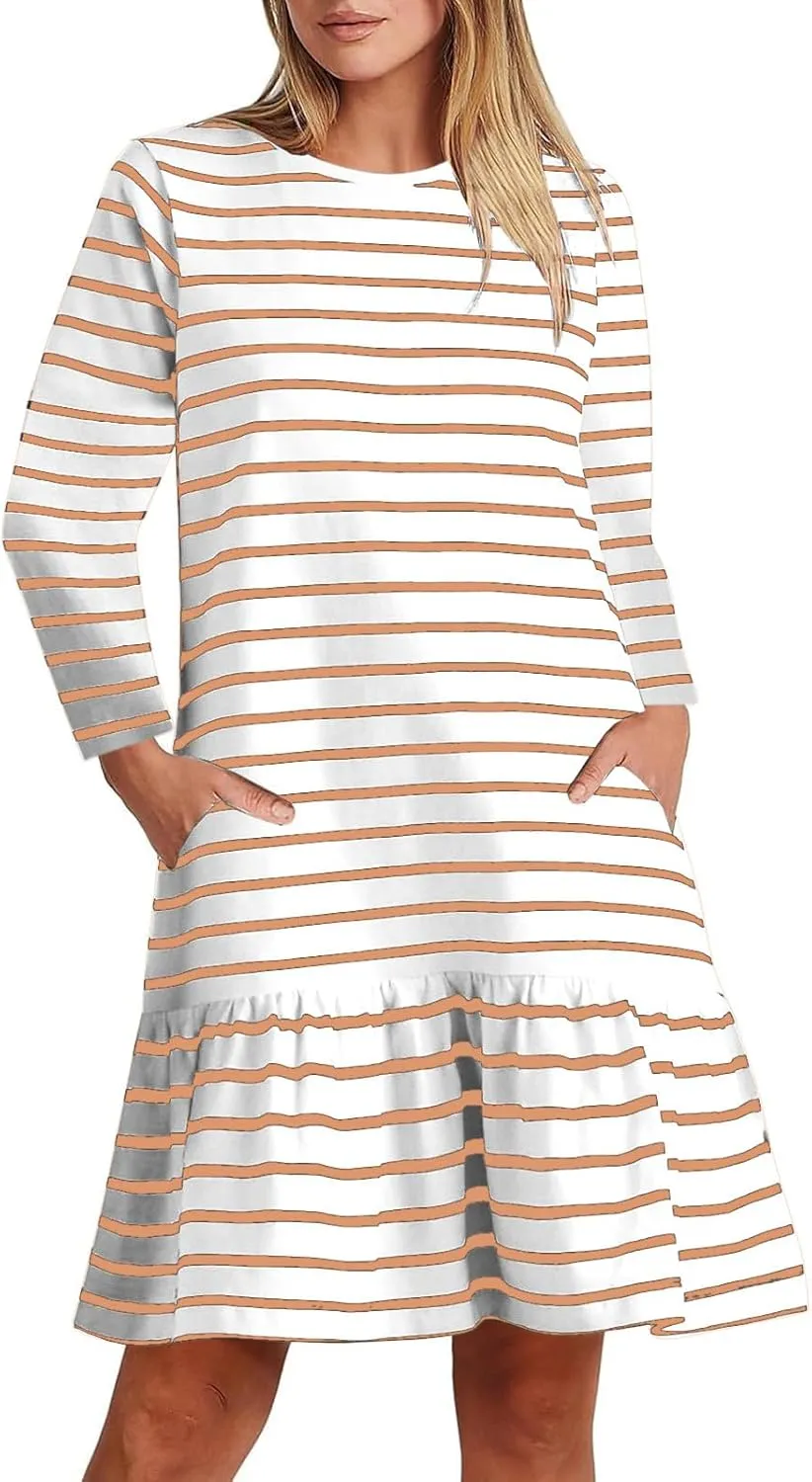 Womens Casual Fall Dresses Striped Print Ruffle Hem Short Dresses Loose Fitting Round Neck Mini Dresses with Pockets