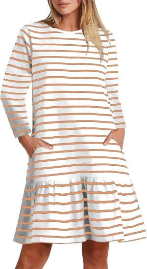 Womens Casual Fall Dresses Striped Print Ruffle Hem Short Dresses Loose Fitting Round Neck Mini Dresses with Pockets