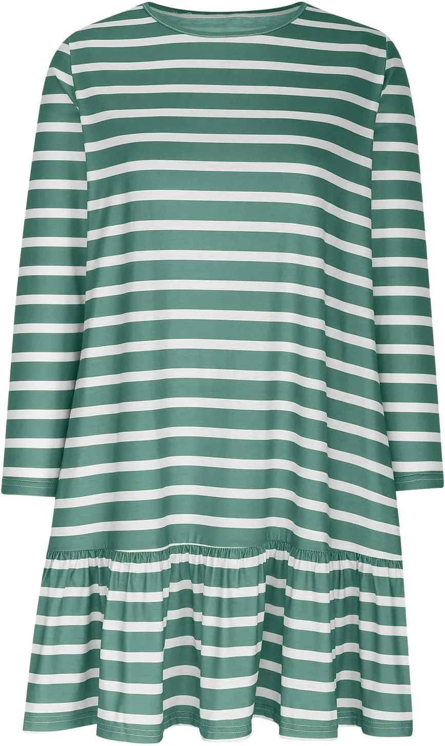 Womens Casual Fall Dresses Striped Print Ruffle Hem Short Dresses Loose Fitting Round Neck Mini Dresses with Pockets