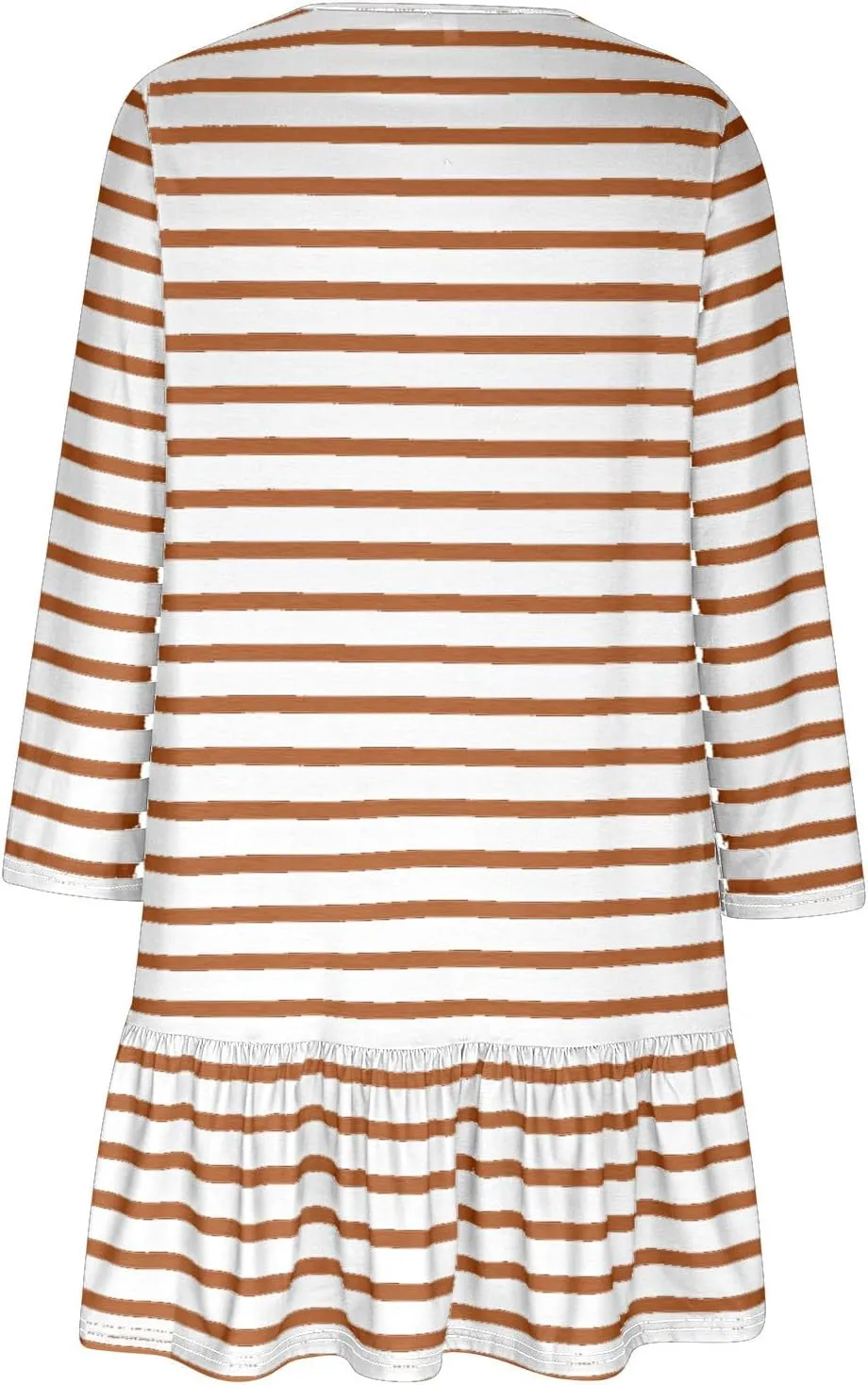 Womens Casual Fall Dresses Striped Print Ruffle Hem Short Dresses Loose Fitting Round Neck Mini Dresses with Pockets