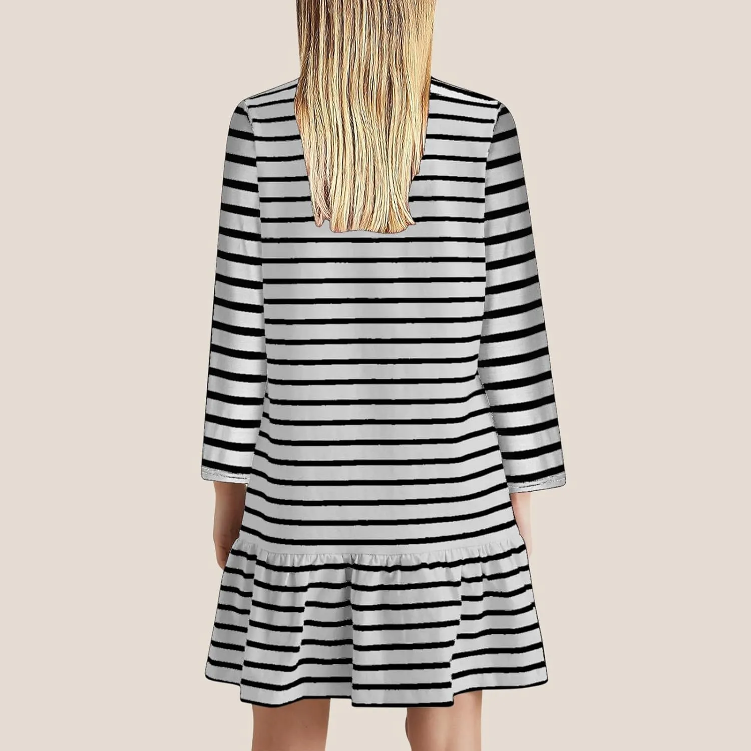 Womens Casual Fall Dresses Striped Print Ruffle Hem Short Dresses Loose Fitting Round Neck Mini Dresses with Pockets