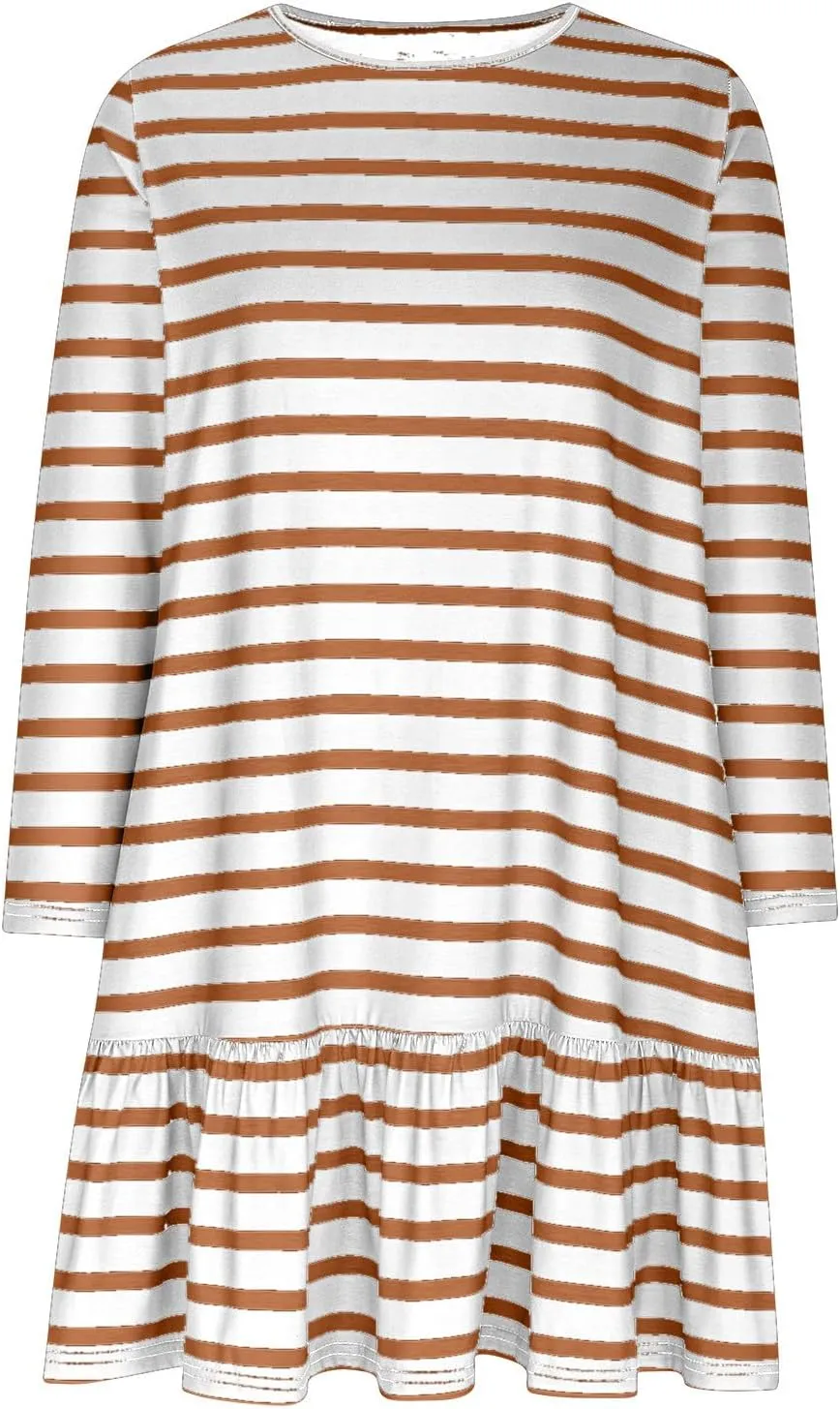 Womens Casual Fall Dresses Striped Print Ruffle Hem Short Dresses Loose Fitting Round Neck Mini Dresses with Pockets