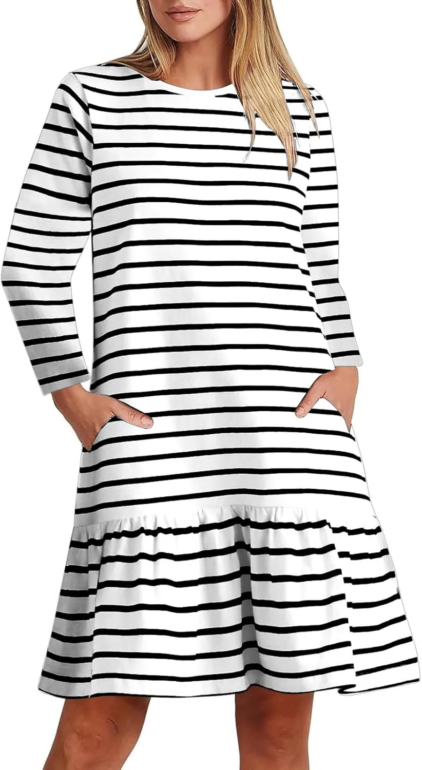 Womens Casual Fall Dresses Striped Print Ruffle Hem Short Dresses Loose Fitting Round Neck Mini Dresses with Pockets