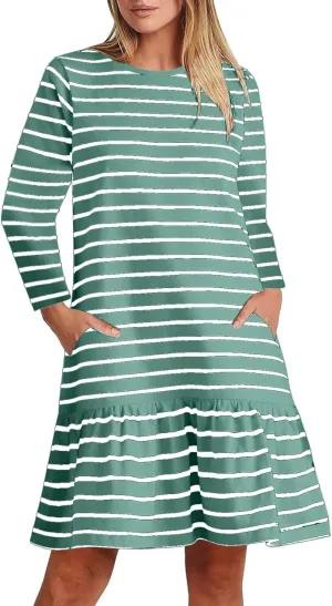 Womens Casual Fall Dresses Striped Print Ruffle Hem Short Dresses Loose Fitting Round Neck Mini Dresses with Pockets