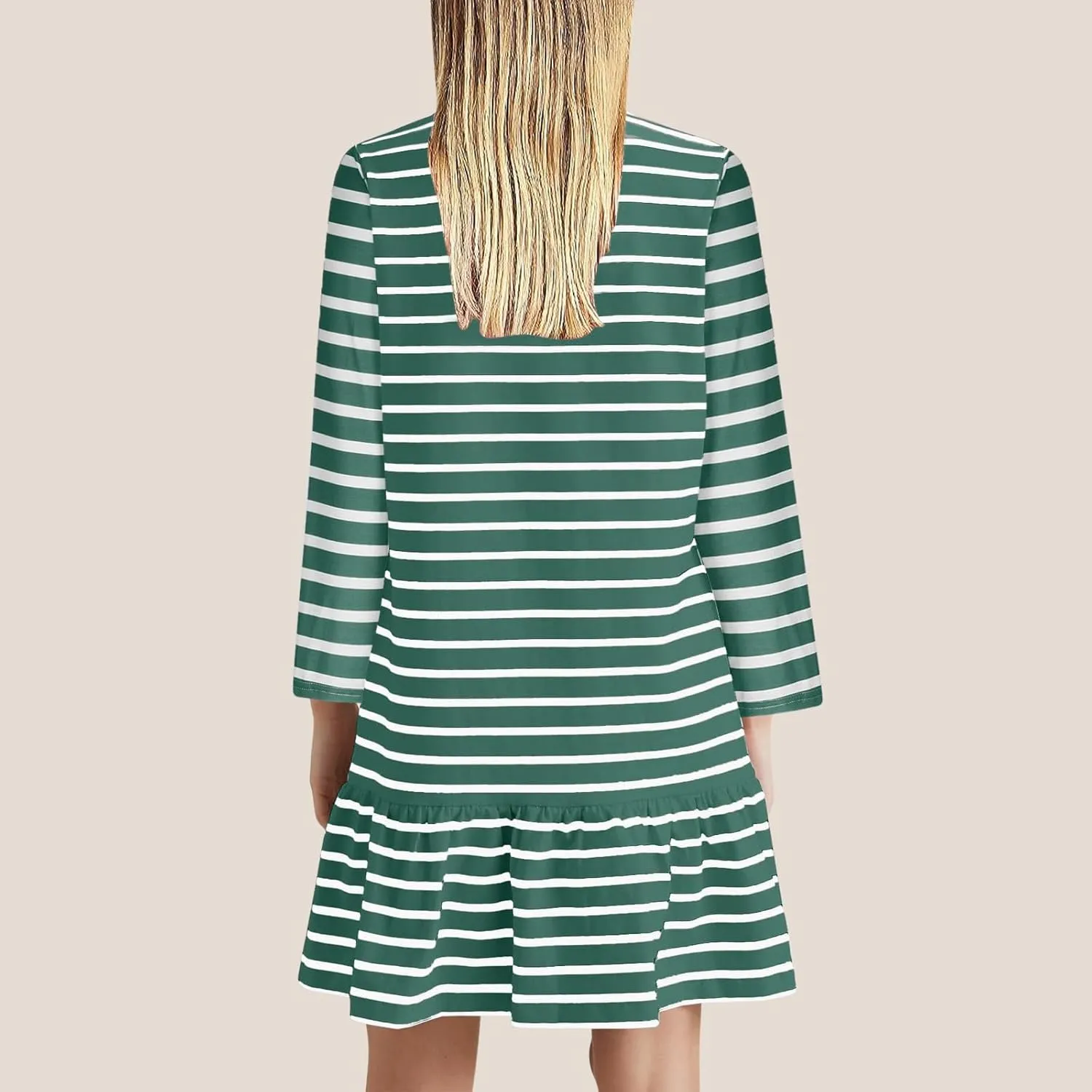Womens Casual Fall Dresses Striped Print Ruffle Hem Short Dresses Loose Fitting Round Neck Mini Dresses with Pockets