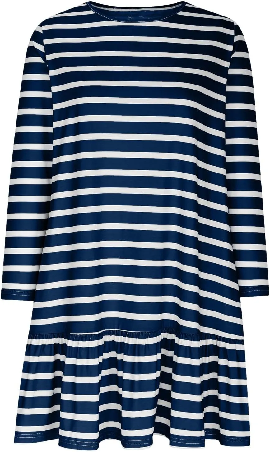 Womens Casual Fall Dresses Striped Print Ruffle Hem Short Dresses Loose Fitting Round Neck Mini Dresses with Pockets