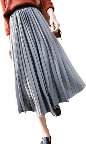 Women's Casual High Waisted Party Metallic Shiny Accordion A Line Pleated Midi Skirt