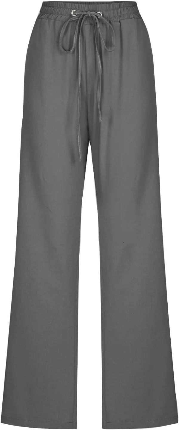 Womens Casual Linen High Waist Pants Plus Size Drawstring Summer Beach Pants Loose Lightweight Trousers with Pockets