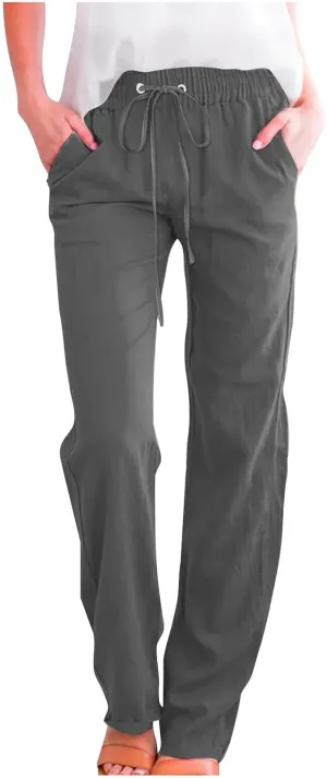 Womens Casual Linen High Waist Pants Plus Size Drawstring Summer Beach Pants Loose Lightweight Trousers with Pockets