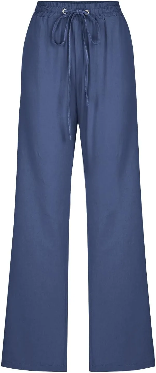 Womens Casual Linen High Waist Pants Plus Size Drawstring Summer Beach Pants Loose Lightweight Trousers with Pockets