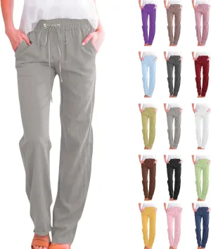 Womens Casual Linen High Waist Pants Plus Size Drawstring Summer Beach Pants Loose Lightweight Trousers with Pockets
