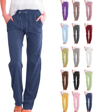 Womens Casual Linen High Waist Pants Plus Size Drawstring Summer Beach Pants Loose Lightweight Trousers with Pockets