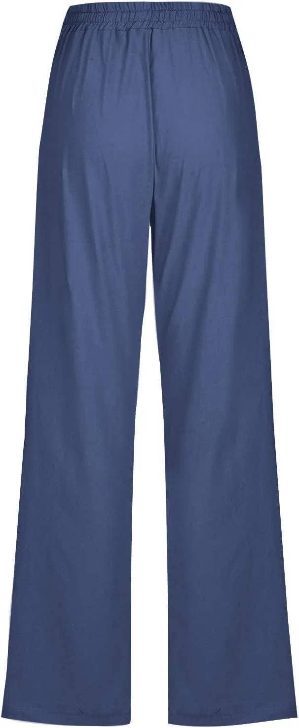 Womens Casual Linen High Waist Pants Plus Size Drawstring Summer Beach Pants Loose Lightweight Trousers with Pockets