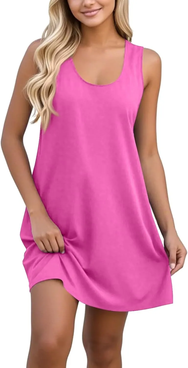 Women's Casual Sundress Summer Boho Beach Dress Floral T-Shirts Midi Dress U Neck Loose Tank Dresses