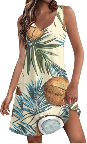 Women's Casual Sundress with Pockets, Summer Tropical Boho Beach Dress, V Neck Loose T-Shirts Tank Dresses