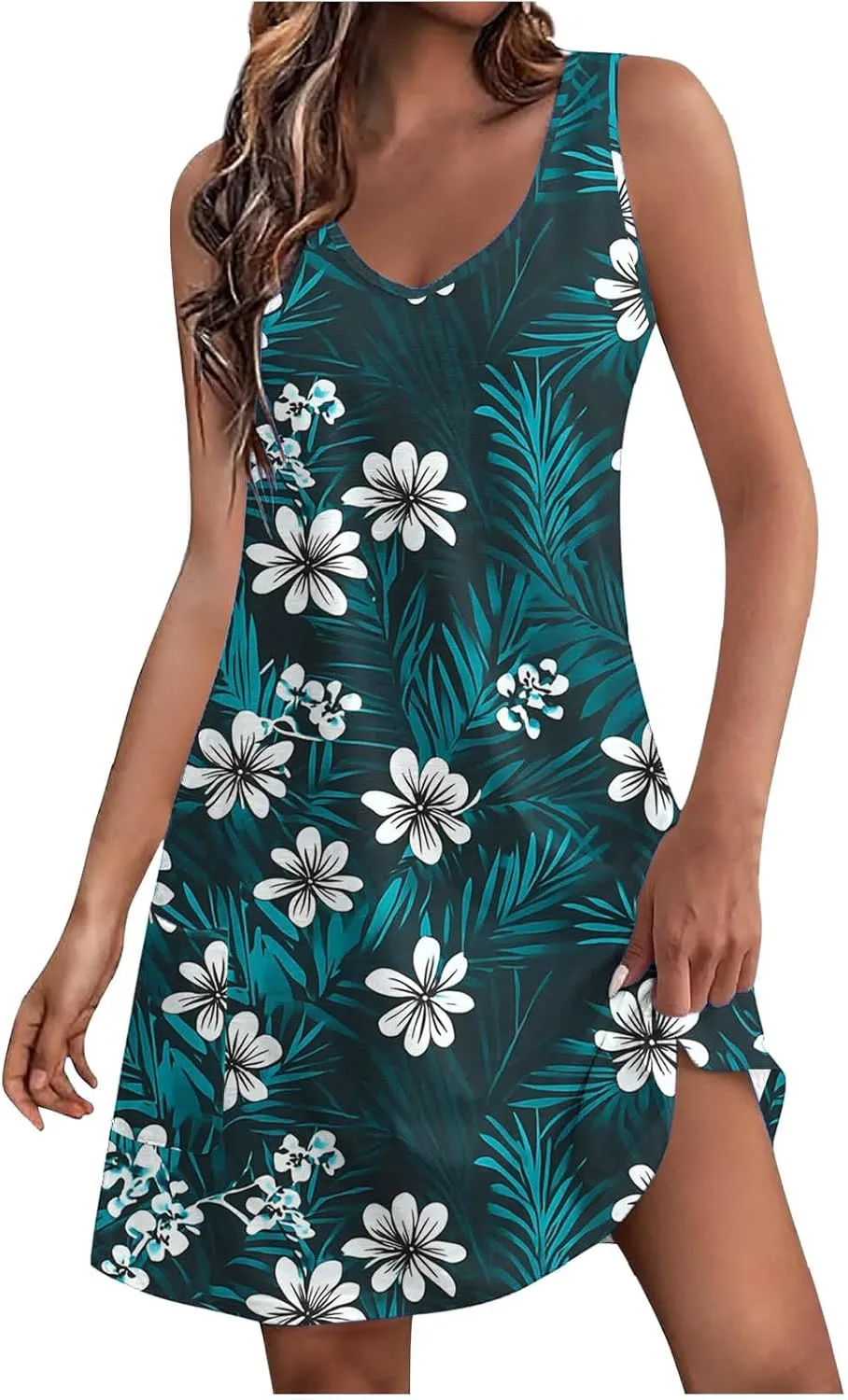 Women's Casual Sundress with Pockets, Summer Tropical Boho Beach Dress, V Neck Loose T-Shirts Tank Dresses