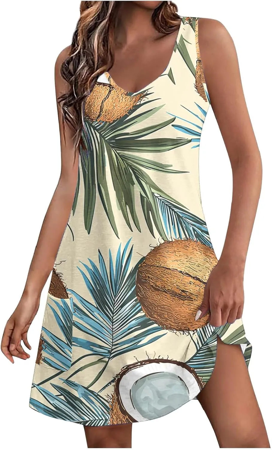 Women's Casual Sundress with Pockets, Summer Tropical Boho Beach Dress, V Neck Loose T-Shirts Tank Dresses