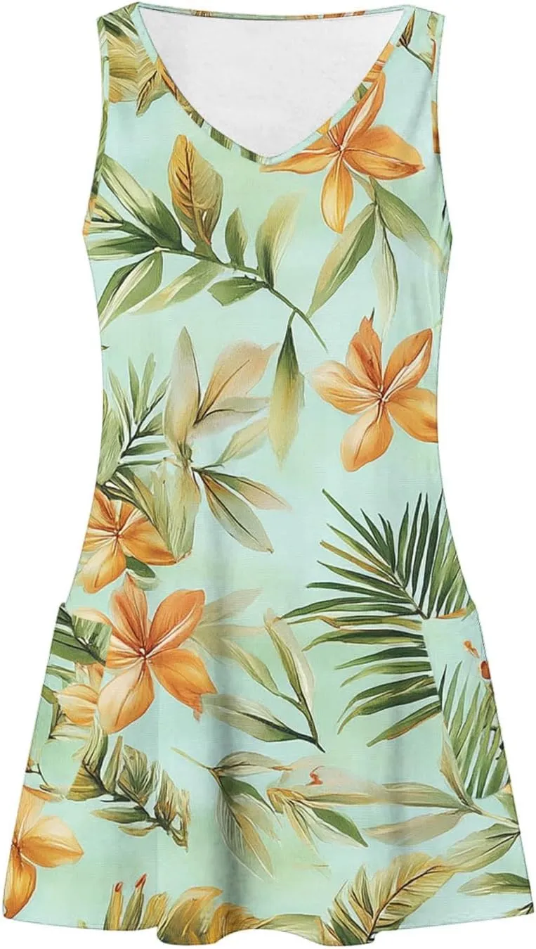 Women's Casual Sundress with Pockets, Summer Tropical Boho Beach Dress, V Neck Loose T-Shirts Tank Dresses