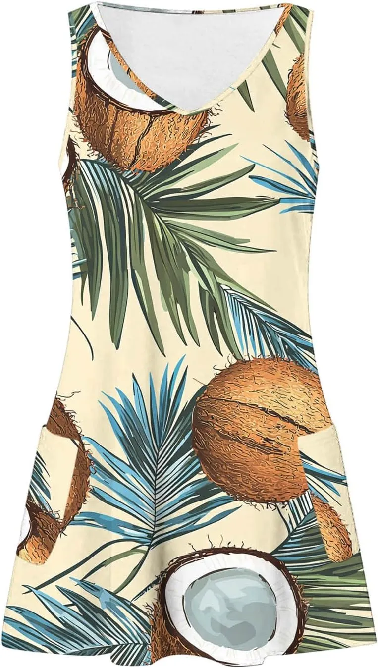 Women's Casual Sundress with Pockets, Summer Tropical Boho Beach Dress, V Neck Loose T-Shirts Tank Dresses