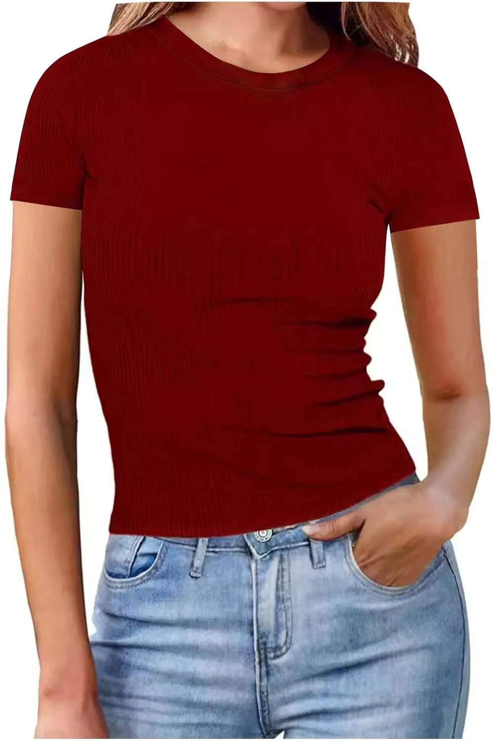 Womens Casual Tops Going Out Crop T Shirts Slim Fit Short Sleeve Crew Neck Tight Blouses Girls Summer Trendy Tunic