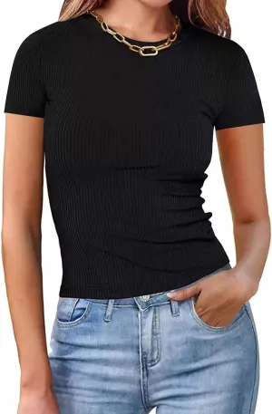 Womens Casual Tops Going Out Crop T Shirts Slim Fit Short Sleeve Crew Neck Tight Blouses Girls Summer Trendy Tunic