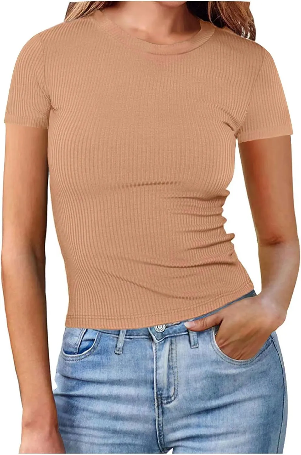 Womens Casual Tops Going Out Crop T Shirts Slim Fit Short Sleeve Crew Neck Tight Blouses Girls Summer Trendy Tunic