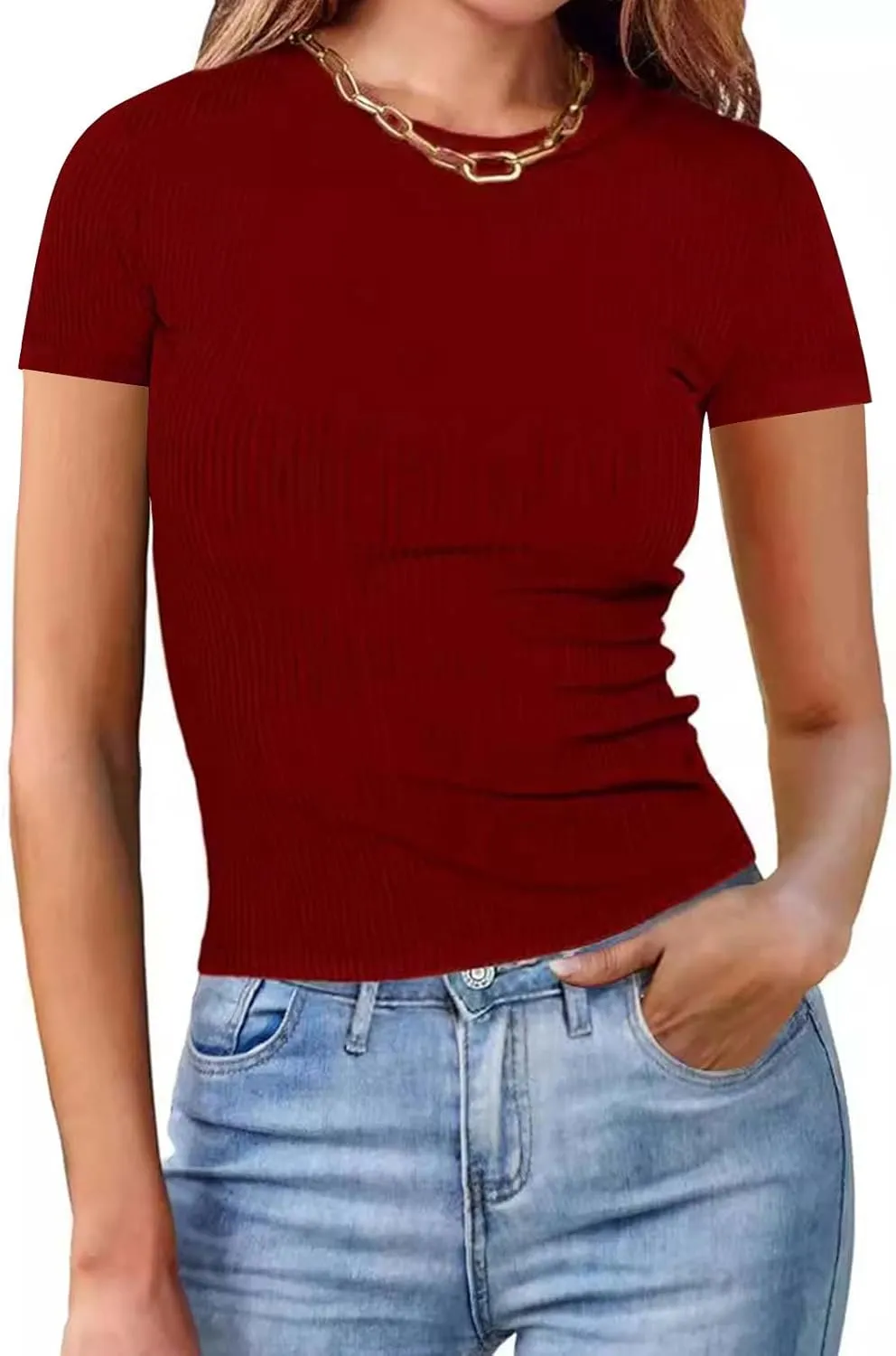 Womens Casual Tops Going Out Crop T Shirts Slim Fit Short Sleeve Crew Neck Tight Blouses Girls Summer Trendy Tunic