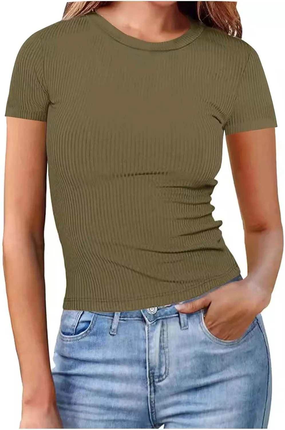 Womens Casual Tops Going Out Crop T Shirts Slim Fit Short Sleeve Crew Neck Tight Blouses Girls Summer Trendy Tunic