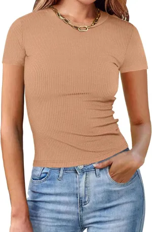Womens Casual Tops Going Out Crop T Shirts Slim Fit Short Sleeve Crew Neck Tight Blouses Girls Summer Trendy Tunic