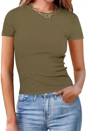 Womens Casual Tops Going Out Crop T Shirts Slim Fit Short Sleeve Crew Neck Tight Blouses Girls Summer Trendy Tunic