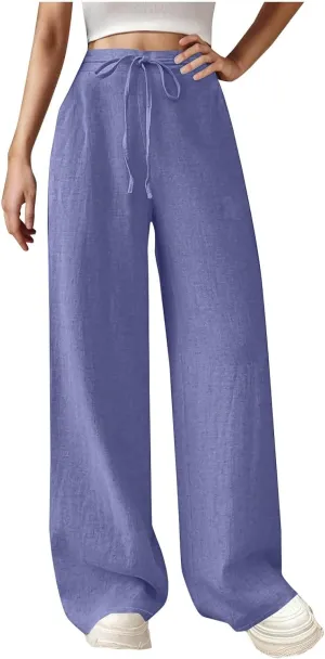 Womens Cotton Linen Wide Leg Pants Back Elastic Waist Flowy Pants with Side Pockets Casual Baggy Palazzo Trousers