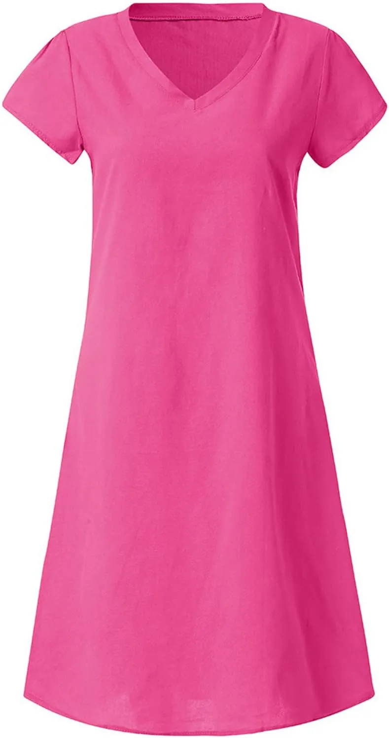 Womens Dresses Short Sleeve V Neck Cute Sun Dress T Shirts Knee Length Casual Dresses Fashion Plus Size Sundresses