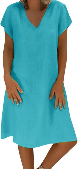 Womens Dresses Short Sleeve V Neck Cute Sun Dress T Shirts Knee Length Casual Dresses Fashion Plus Size Sundresses