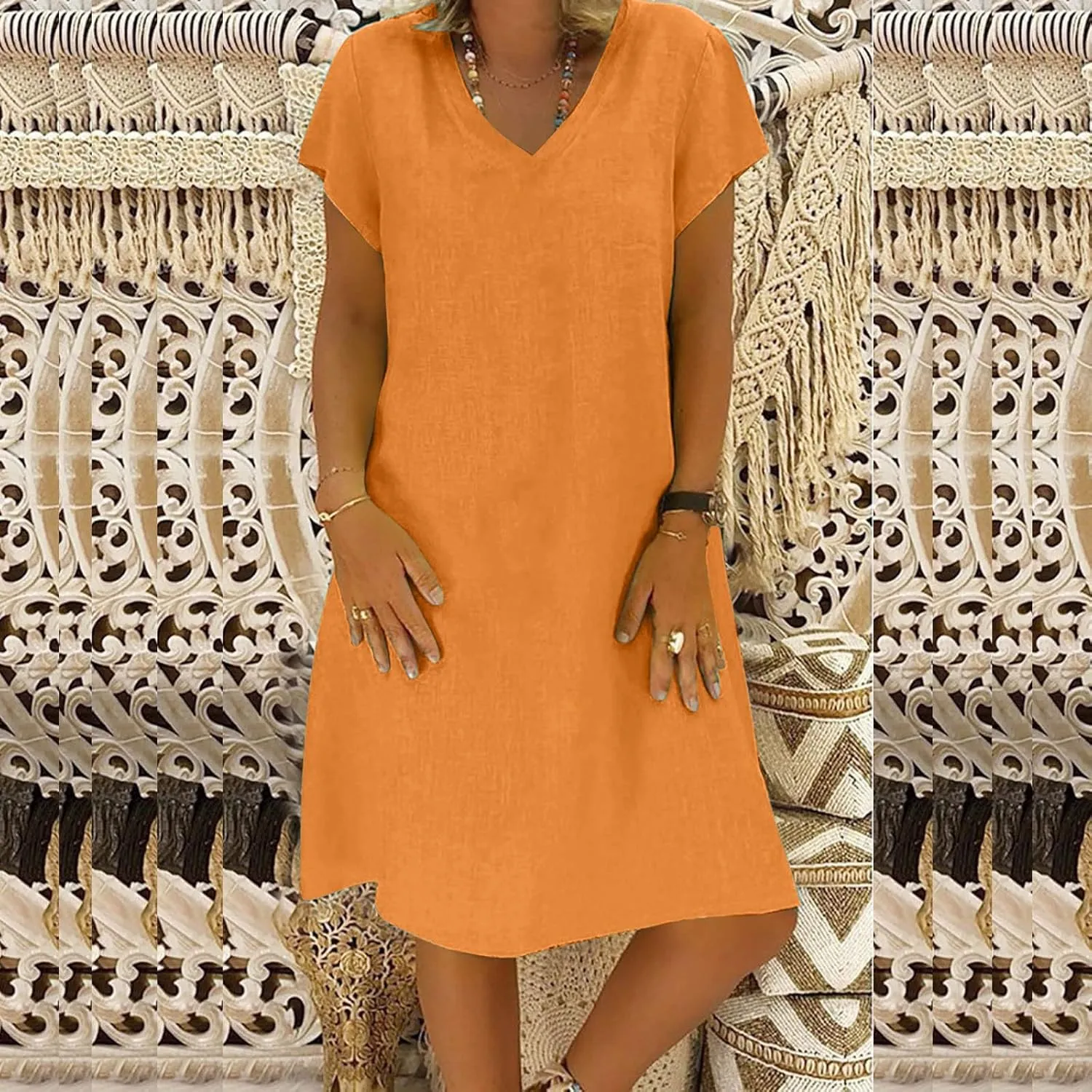 Womens Dresses Short Sleeve V Neck Cute Sun Dress T Shirts Knee Length Casual Dresses Fashion Plus Size Sundresses
