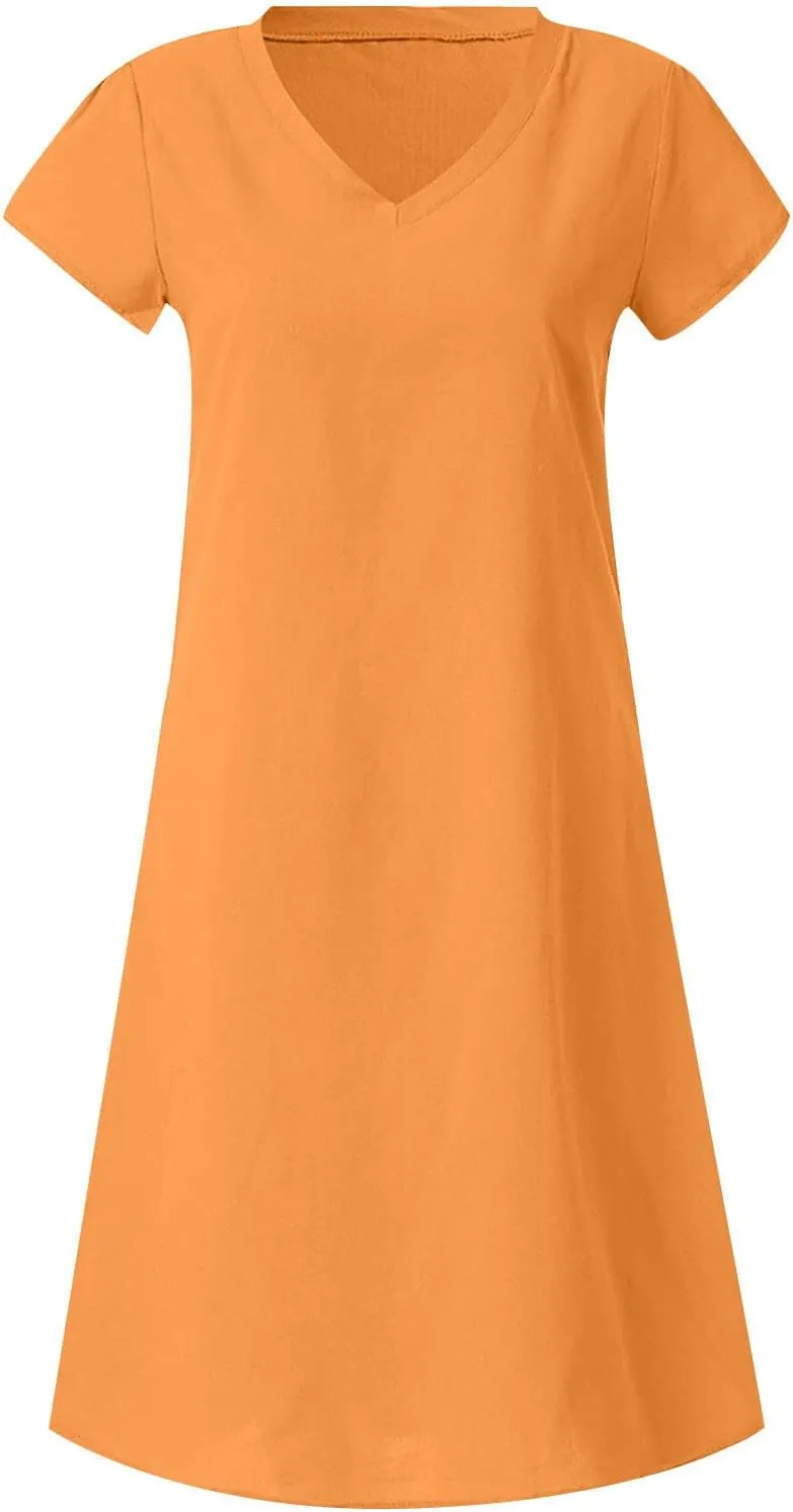 Womens Dresses Short Sleeve V Neck Cute Sun Dress T Shirts Knee Length Casual Dresses Fashion Plus Size Sundresses