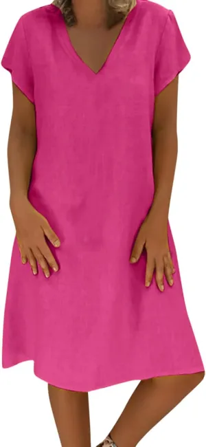 Womens Dresses Short Sleeve V Neck Cute Sun Dress T Shirts Knee Length Casual Dresses Fashion Plus Size Sundresses