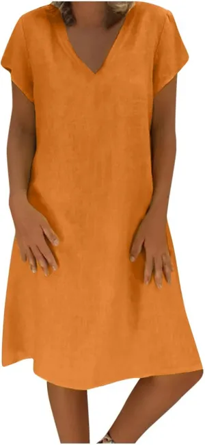 Womens Dresses Short Sleeve V Neck Cute Sun Dress T Shirts Knee Length Casual Dresses Fashion Plus Size Sundresses