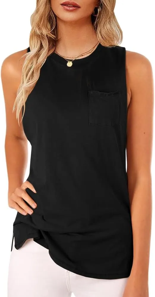 Women's High Neck Tank Top Sleeveless Blouse Plain T Shirts Pocket Cami Summer Tops