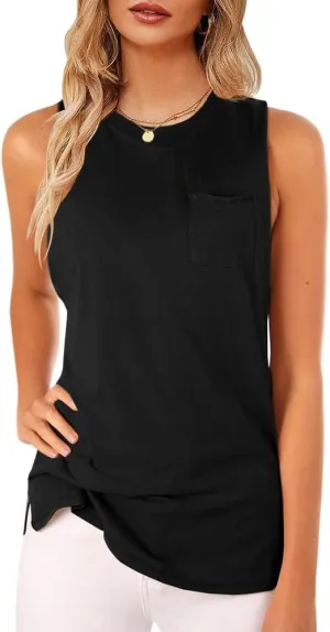 Women's High Neck Tank Top Sleeveless Blouse Plain T Shirts Pocket Cami Summer Tops