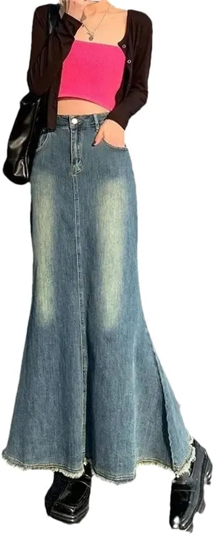 Women's High-Waisted Denim Style Sensible Vintage Medium Length A- Line Long Skirt