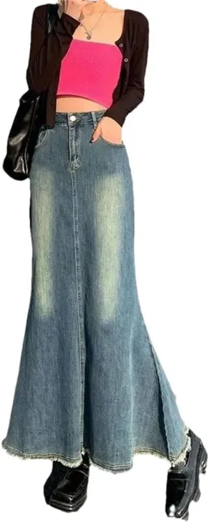 Women's High-Waisted Denim Style Sensible Vintage Medium Length A- Line Long Skirt
