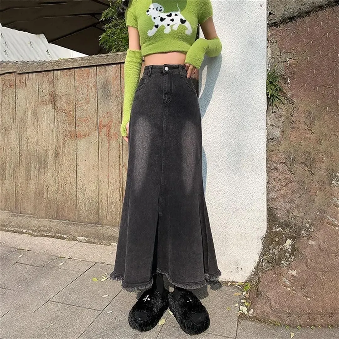 Women's High-Waisted Denim Style Sensible Vintage Medium Length A- Line Long Skirt