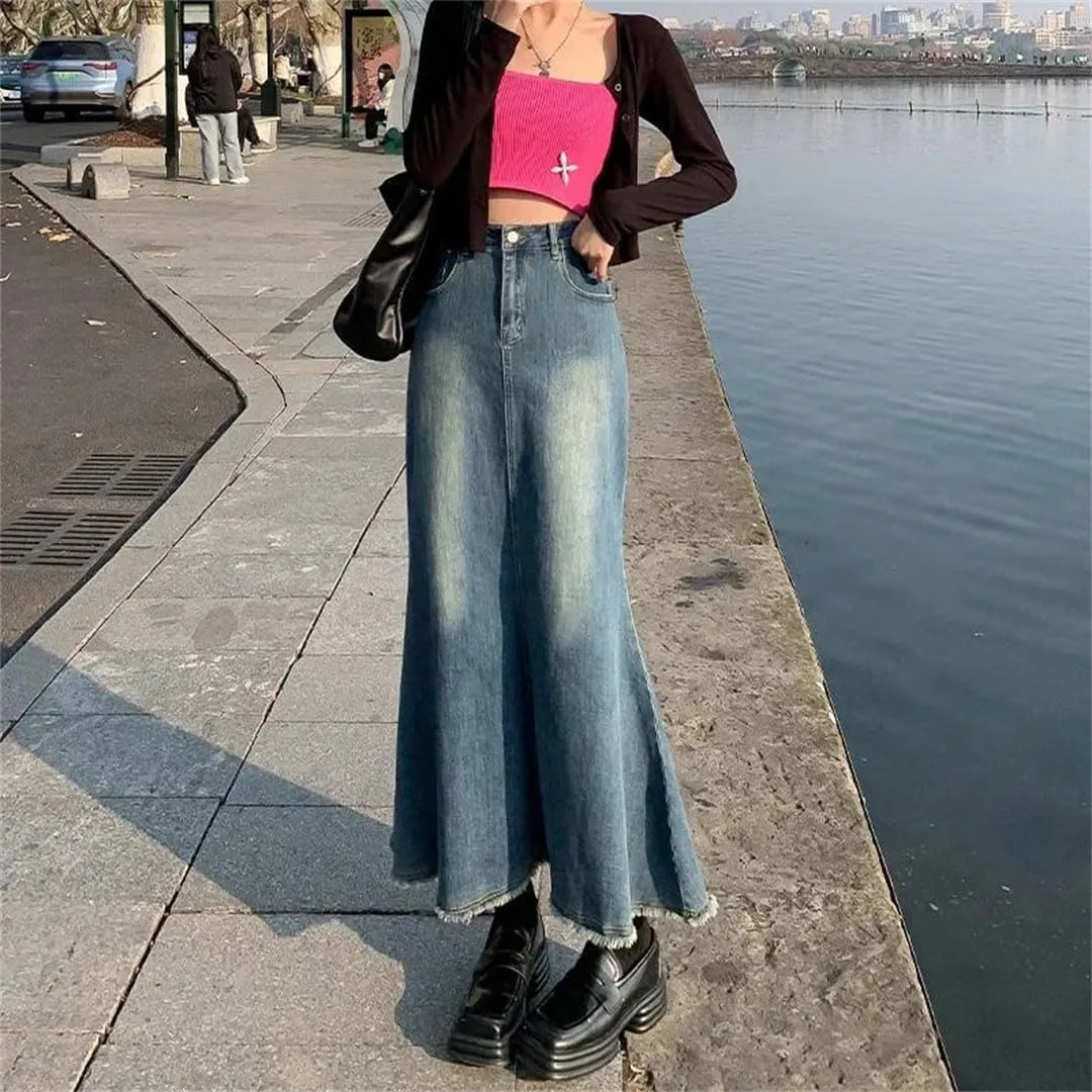 Women's High-Waisted Denim Style Sensible Vintage Medium Length A- Line Long Skirt