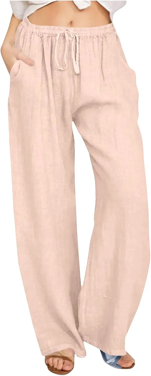 Women's Linen Palazzo Pants 2025 Summer Casual Drawstring High Waist Wide Leg Pants Flowy Beach Trousers Outfits
