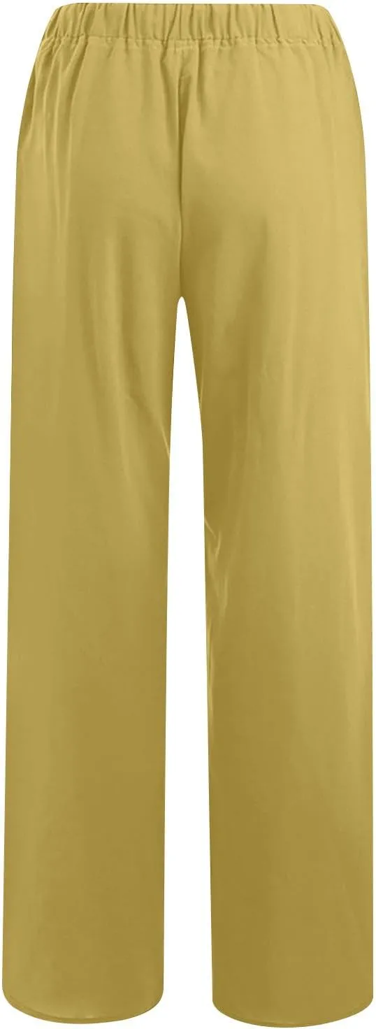 Women's Linen Palazzo Pants 2025 Summer Casual Drawstring High Waist Wide Leg Pants Flowy Beach Trousers Outfits
